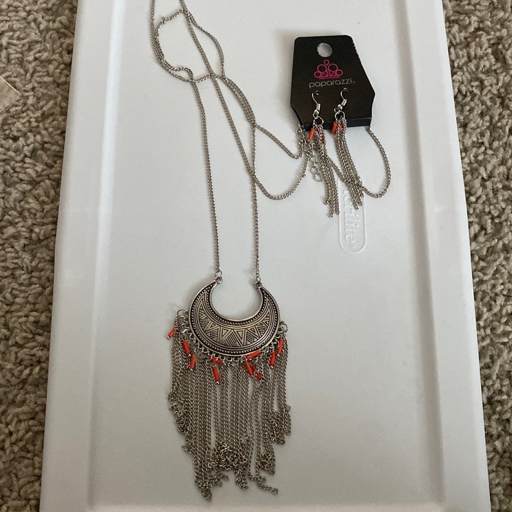 Women’s long silver necklace and matching earrings set